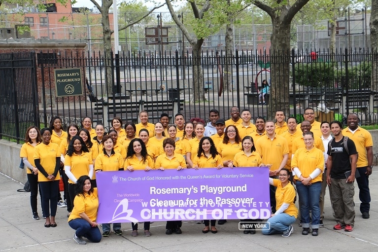 world mission society church of god, wmscog, church of god in new york, ridgewood, queens, rosemary's playground, environmental protect, park cleanup, yellow shirt volunteers