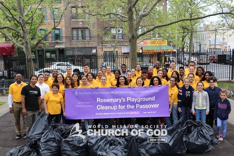 world mission society church of god, wmscog, church of god in new york, ridgewood, queens, rosemary's playground, environmental protect, park cleanup, yellow shirt volunteers