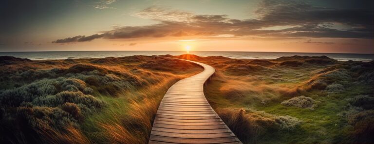 outdoor wooden pathway ocean overcast sunset style danish golden age